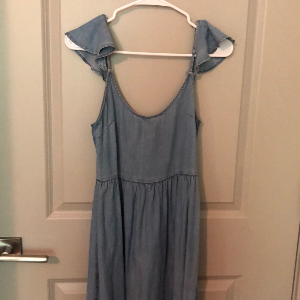 Denim dress with flutter off shoulder sleeves